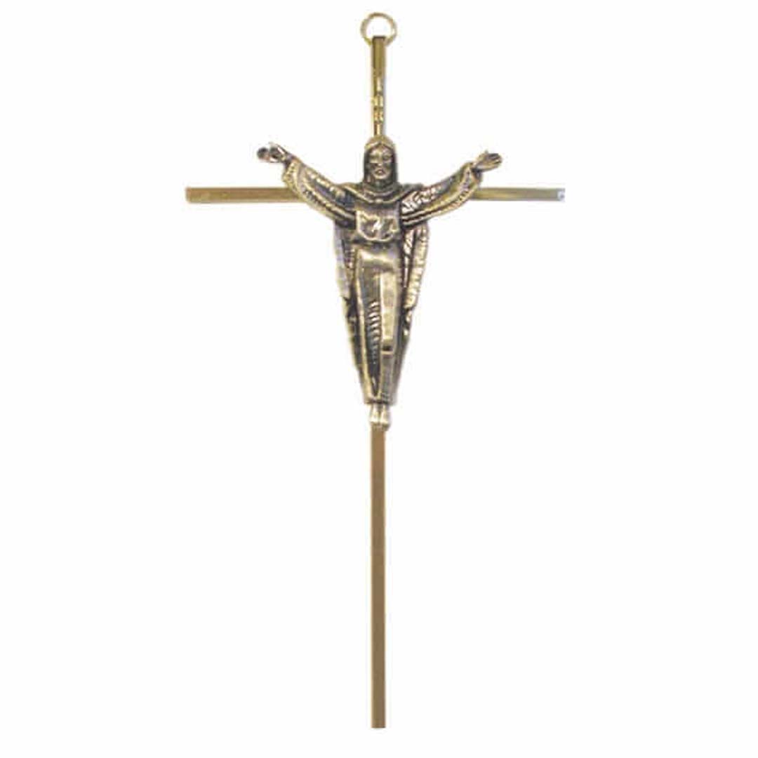 10" Goldtone Brass Slim Line Cross with Risen Christ