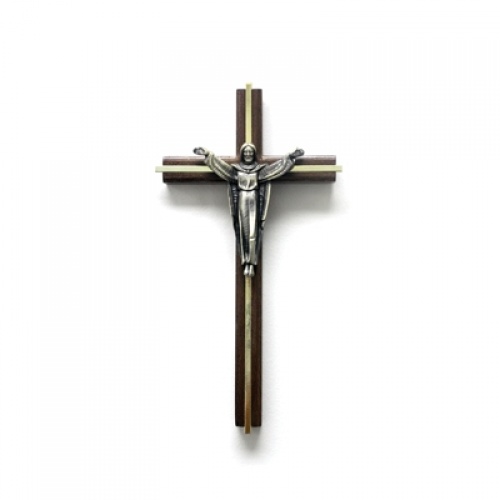 10" Wood Crucifix with Goldtone Inlay and Risen Christ