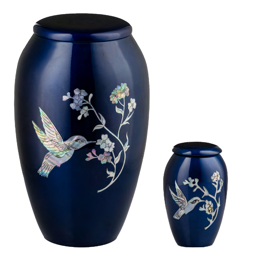 Blue Urn with Mother of Pearl Hummingbird Blue Urn with Mother of Pearl Hummingbird