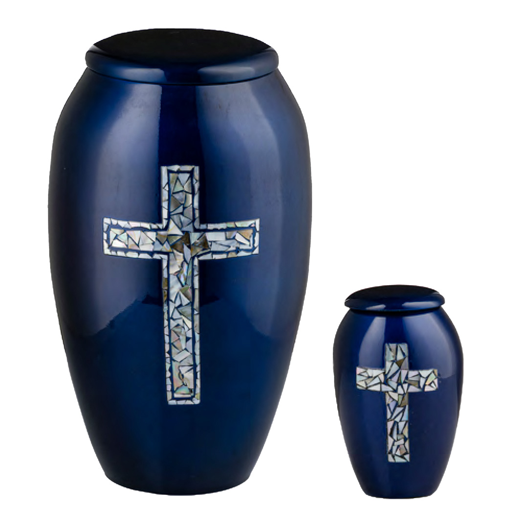 Blue Urn with Mother of Pearl Cross Blue Urn with Mother of Pearl Cross