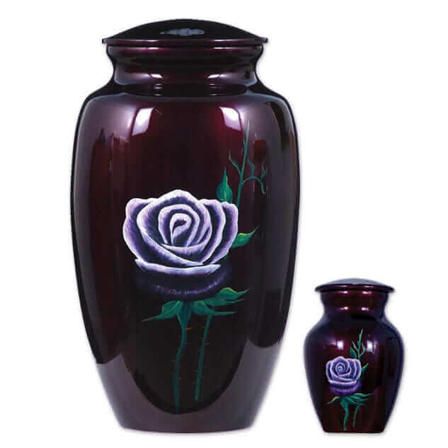Purple Metal Keepsake Urn with Hand Painted Rose