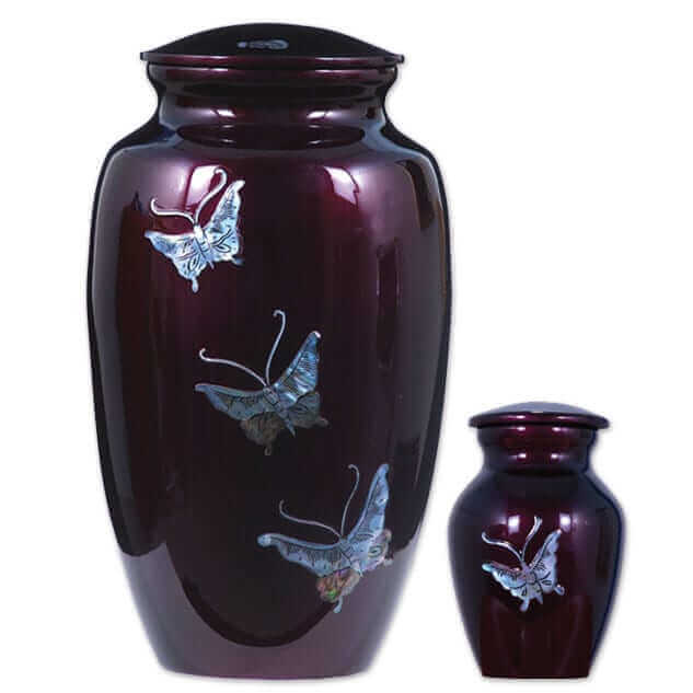 Deep Purple Urn with Mother of Pearl Butterflies