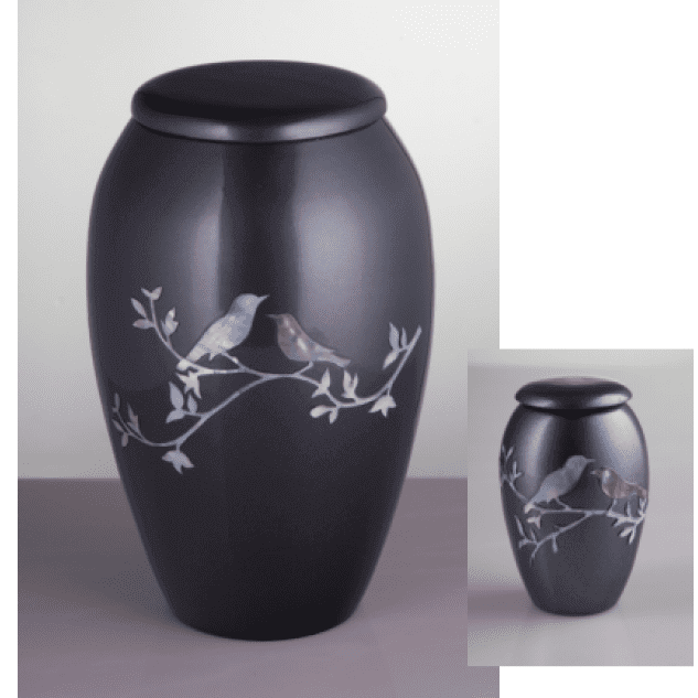 Pewter Grey Keepsake Urn with Mother of Pearl Birds on a Branch