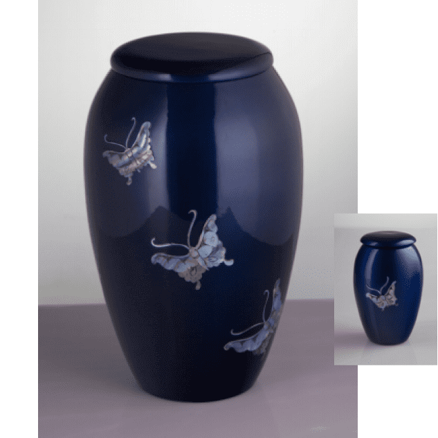 Blue Keepsake Urn with Mother of Pearl Butterflies