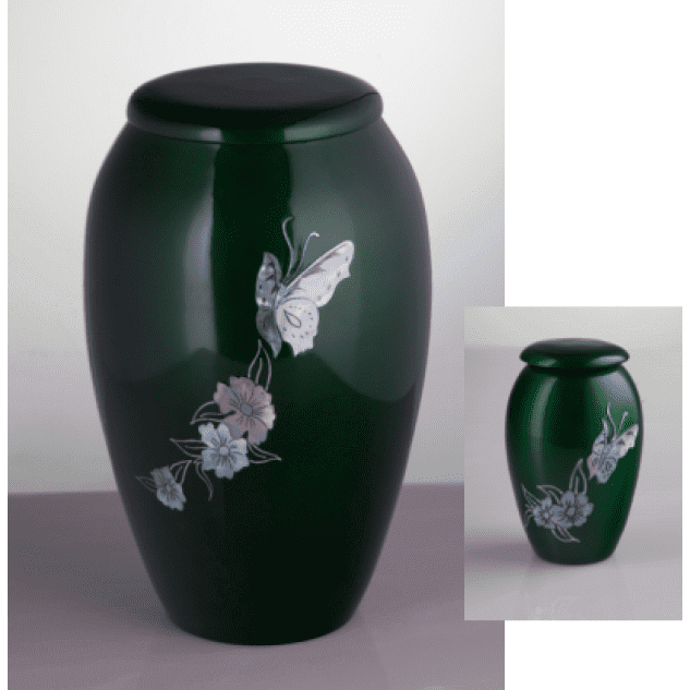 Green Urn with Mother of Pearl Butterfly